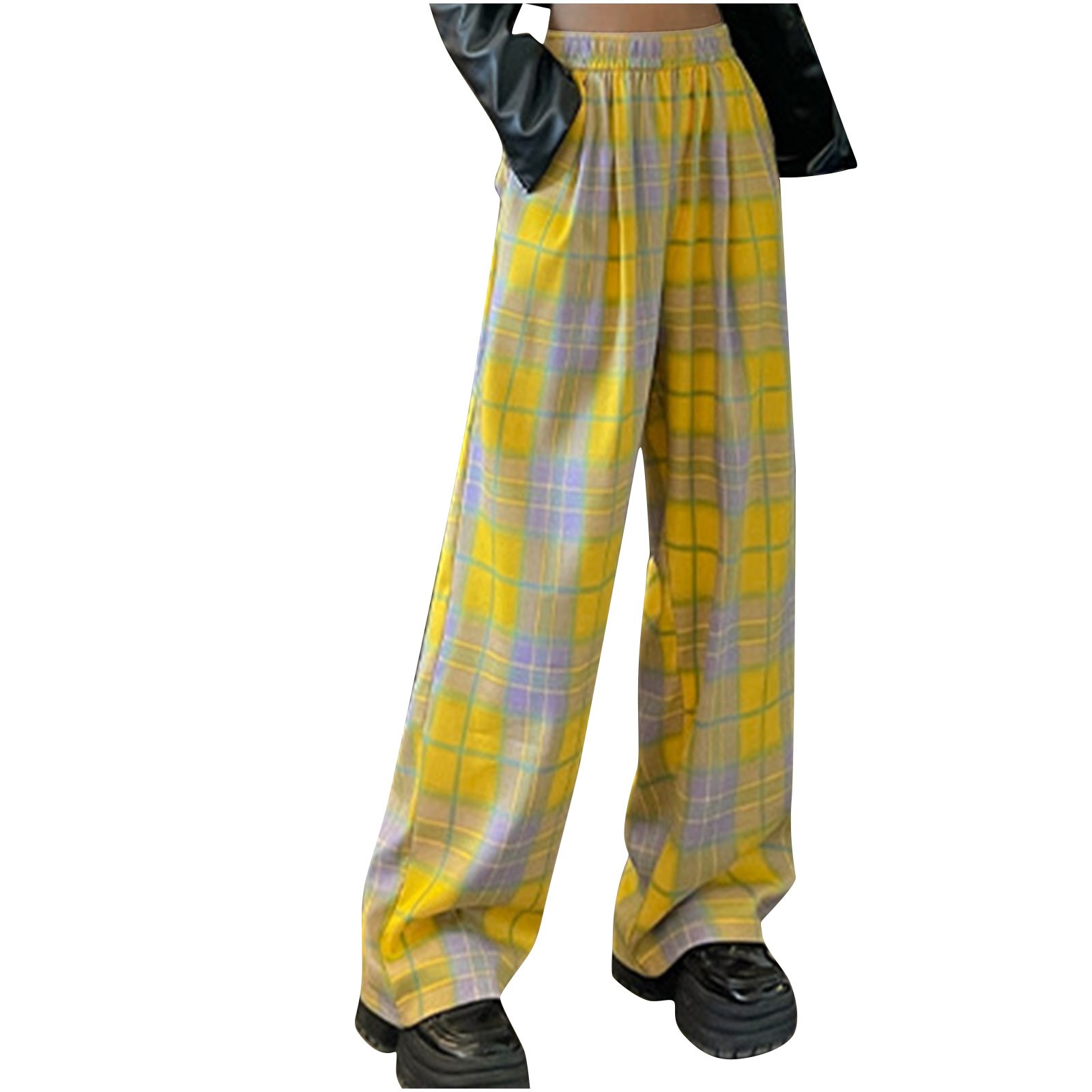 Women's Loose Plaid Pants Classic Elastic High Waist Wide Leg Trousers with Pockets Lounge Bottoms (Yellow M